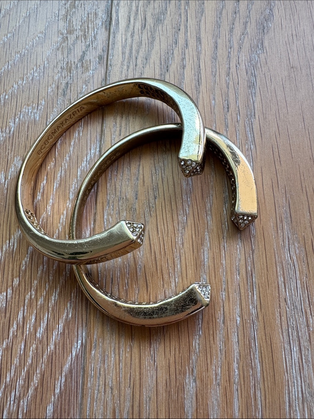 BCBGMaxAzria Gold Crystal-Tip Open Cuff Bracelet Trio pyramid ends